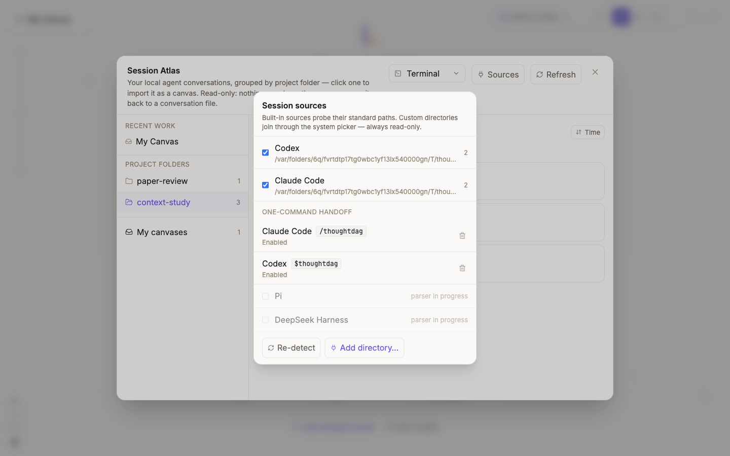Session source locations and the Claude Code and Codex one-command handoff entries