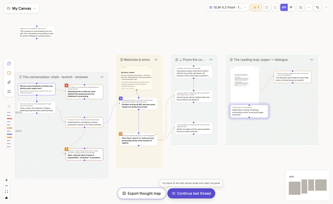 Clicking Continue last thread on a zoomed-out map, flying back to the most recently active node, and opening its panel