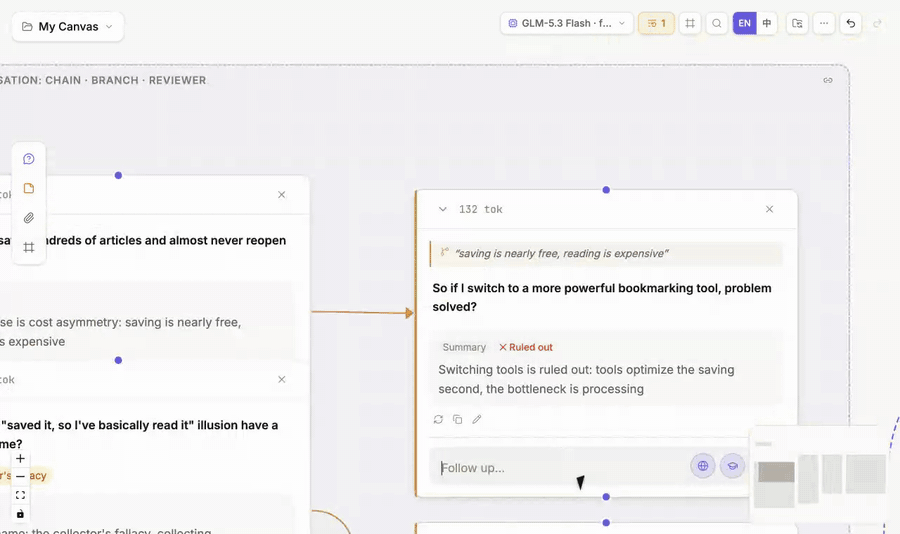 Selecting text in a real ThoughtDAG answer, choosing Explore, and creating a new orange branch