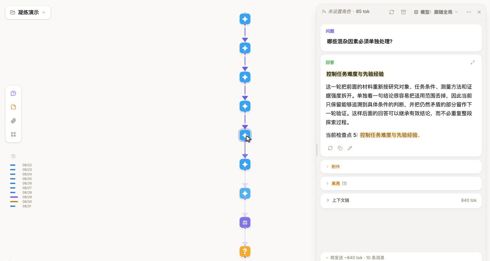 真实 ThoughtDAG 节点侧栏中被标记的高亮文字与高亮功能区