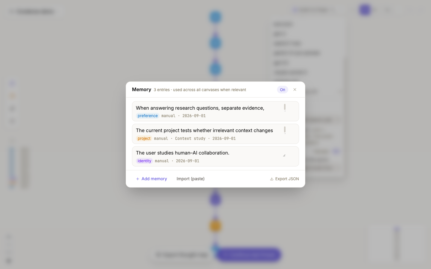The memory manager labels preference, project, and identity memories and lets you edit, import, export, or disable them