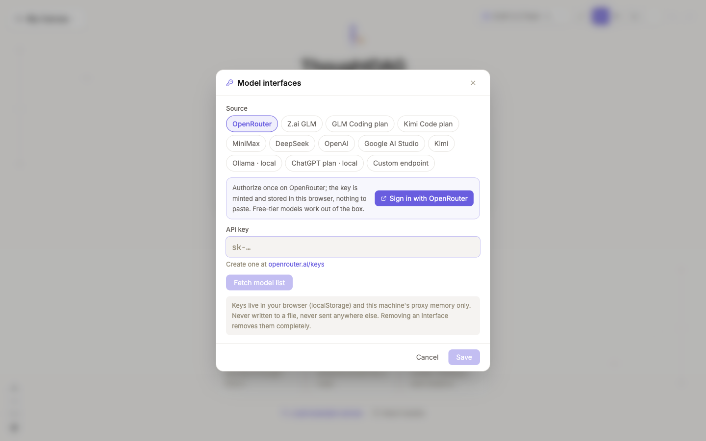 The model-interface window with provider, plan, local-runtime, and custom-endpoint choices; the API-key field is empty and shows no real credential