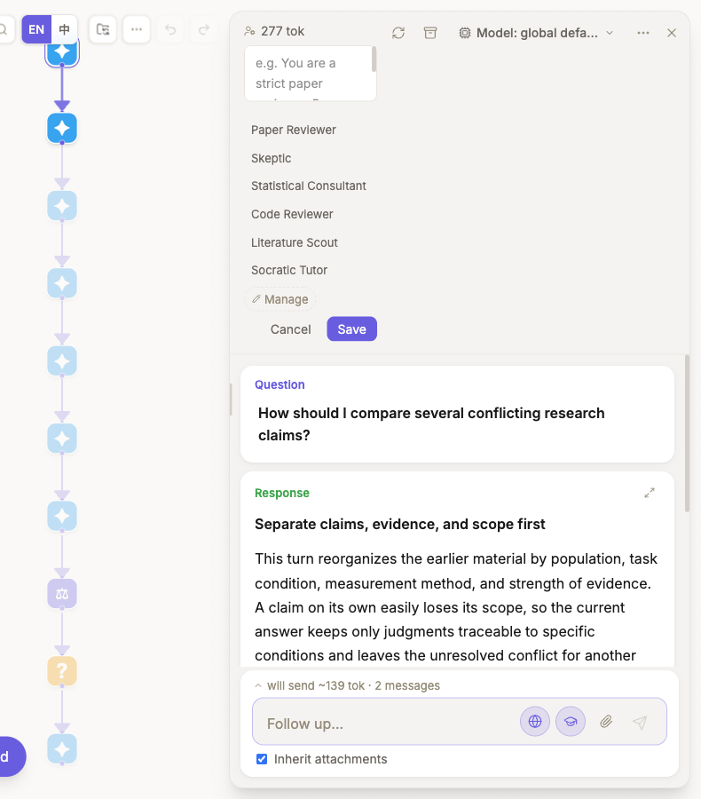 The node panel: choose a node-specific model and role at the top; web and scholarly search switches sit beside the follow-up box