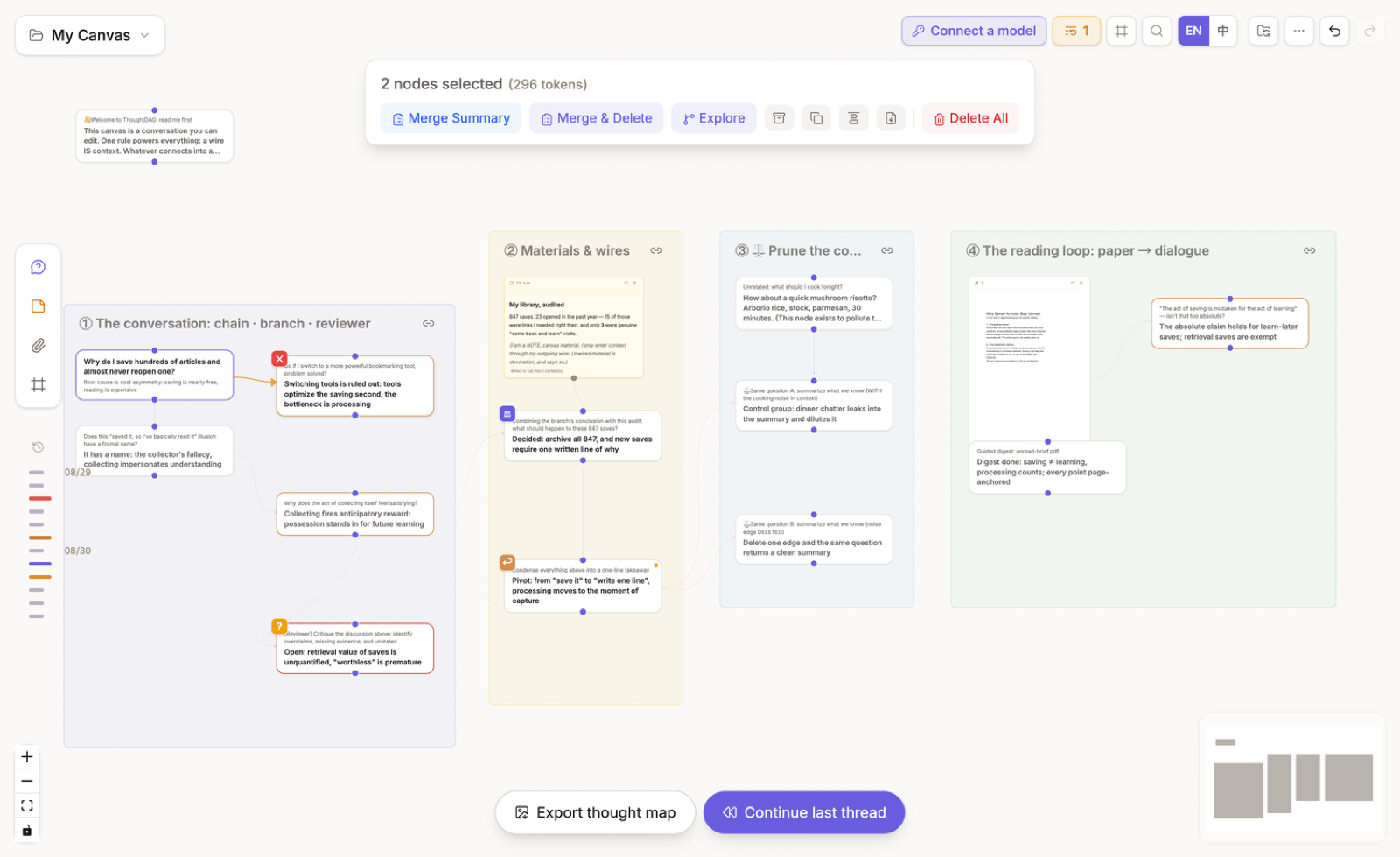 Two nodes selected on a real ThoughtDAG canvas, with Merge Summary and Merge and Delete in the toolbar