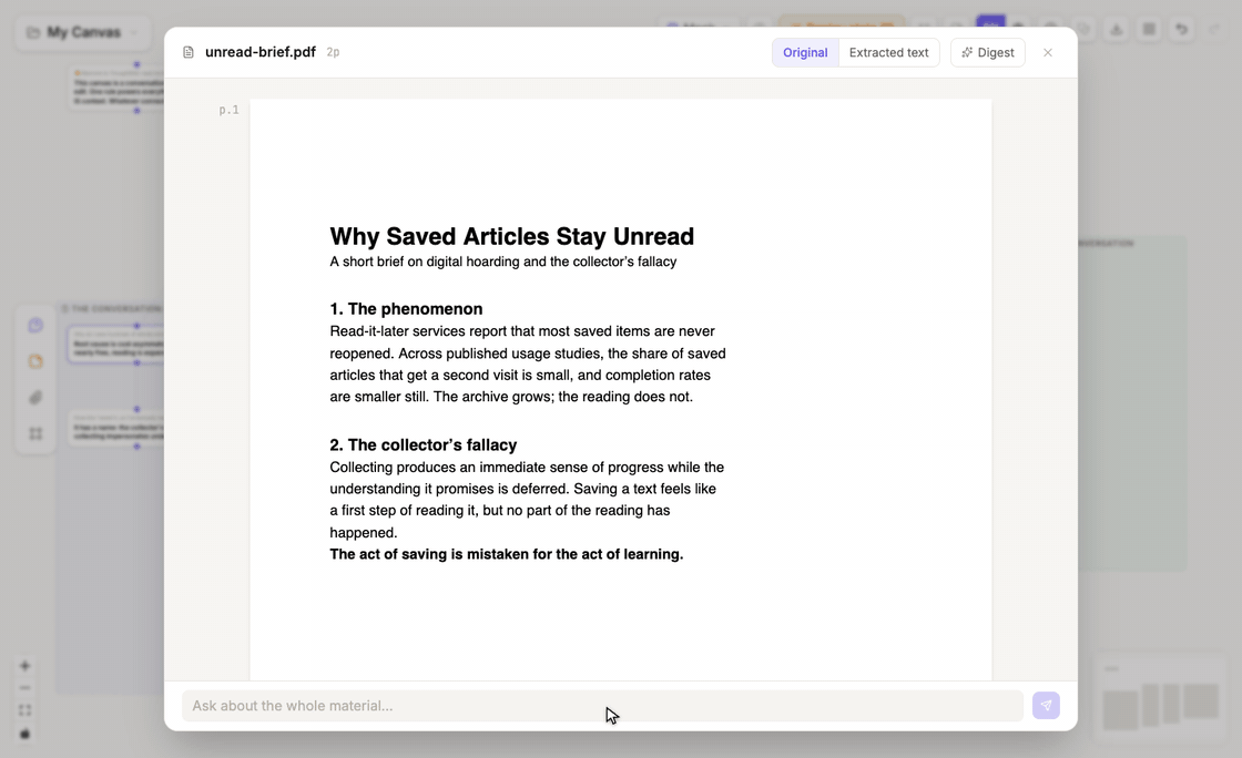 Selecting a PDF passage, asking a question, and returning to the source page