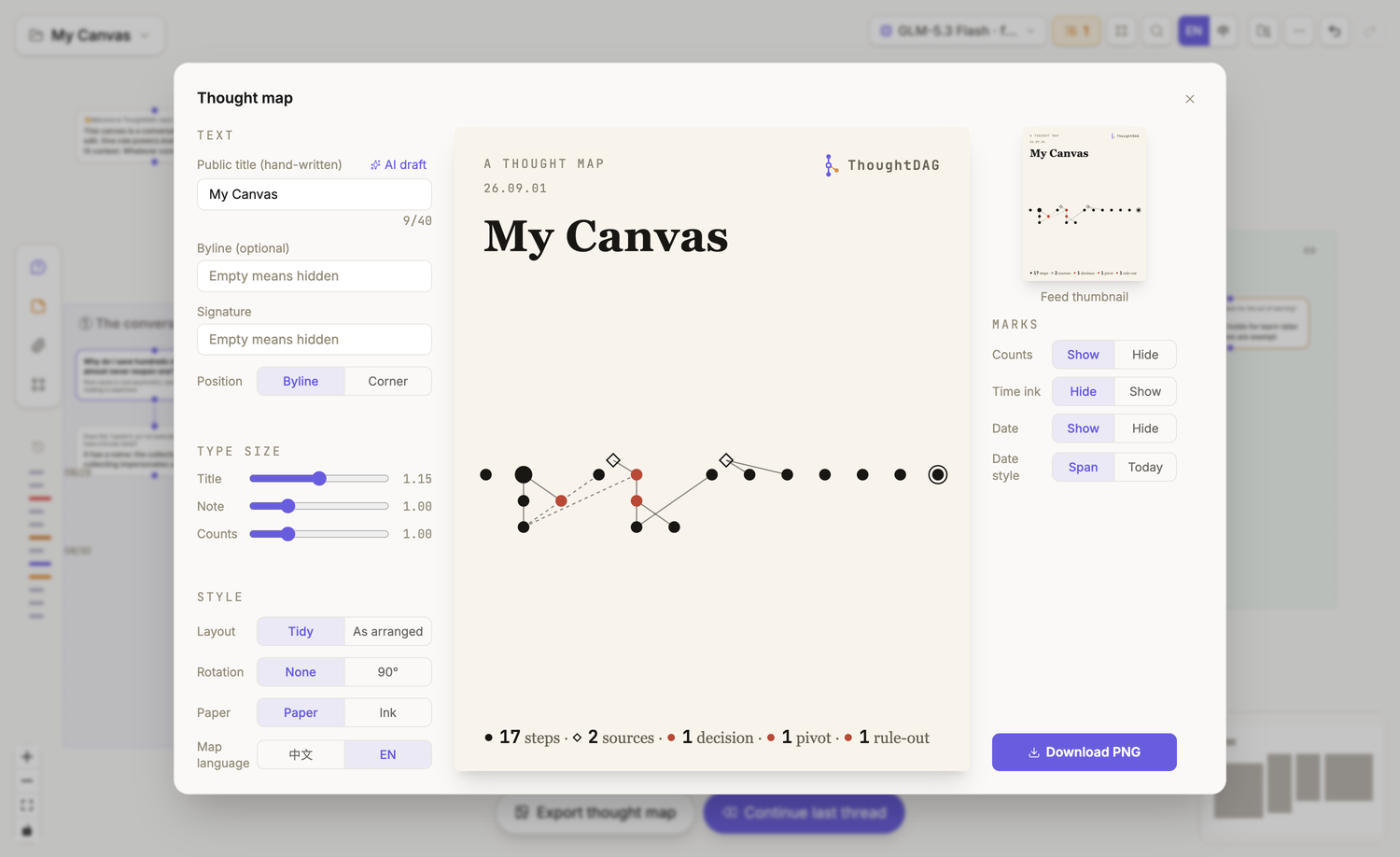 The real ThoughtDAG thought-map exporter with text, layout, paper, language, counts, and date controls